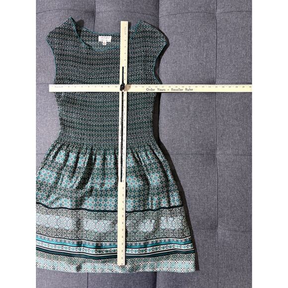 Max Studio MSSP Dress Women Large Green Ruched Metallic Geometric Short - Picture 3 of 5